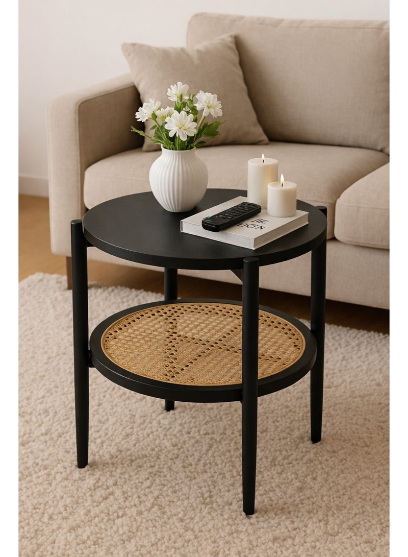 NZONE STORE Round side table with a wicker shelf and black legs - Image 1